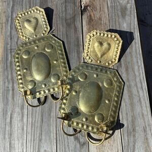 Pair of Swedish Brass Wall Candle Sconces w Heart Shaped Reflective Light Plates